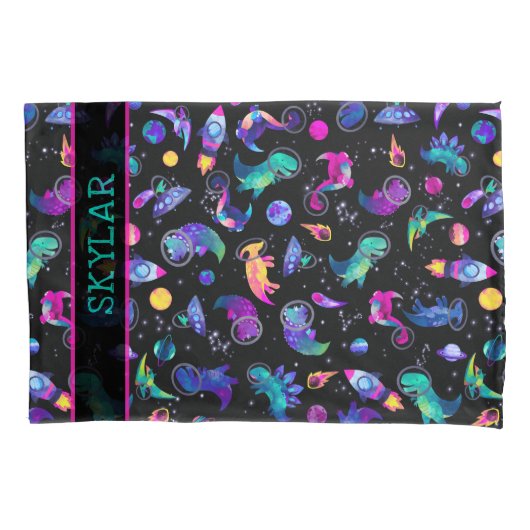 恐竜宇宙飛行士の水彩宇宙パーソナライズされた 枕カバー (正面)