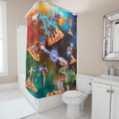 恐竜対猫ちゃんの宇宙の戦い シャワーカーテン (インサイチュ)