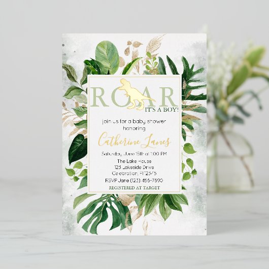 恐竜少年エレガント赤ちゃんシャワー招待状 箔招待状 (立ち正面)