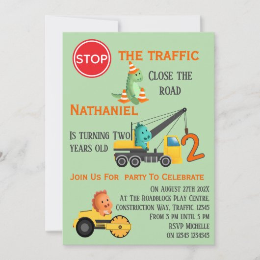 恐竜建設車両 2歳の誕生日パーティー 招待状 (正面)