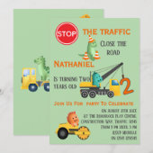 恐竜建設車両 2歳の誕生日パーティー 招待状 (正面/裏面)