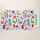 恐竜水彩忙し市パーソナライズされた ビーチタオル (正面)