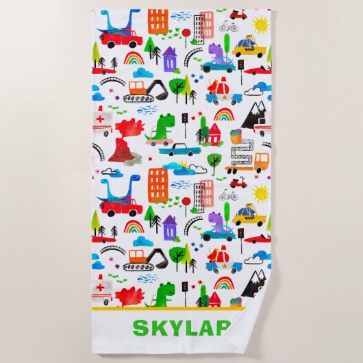 恐竜水彩忙し市パーソナライズされた ビーチタオル (正面)