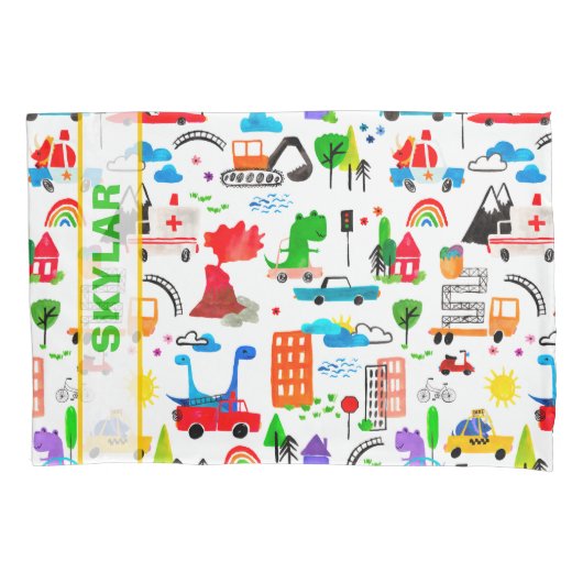 恐竜水彩都市キッ忙しズパーソナライズされた 枕カバー (正面)