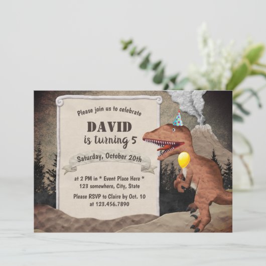 恐竜火山の先史時代の少年の誕生日パーティー 招待状 (スタンド正面)