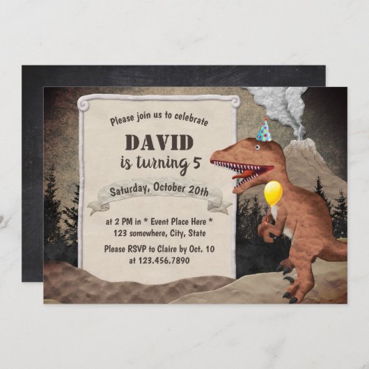 恐竜火山の先史時代の少年の誕生日パーティー 招待状 (正面/裏面)