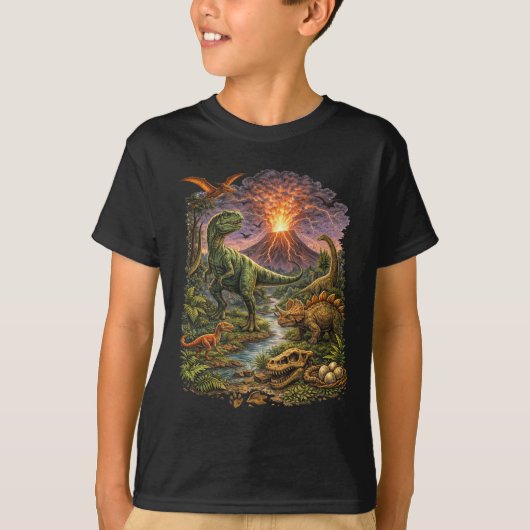 恐竜火山噴火キッズTシャツ Tシャツ (正面)