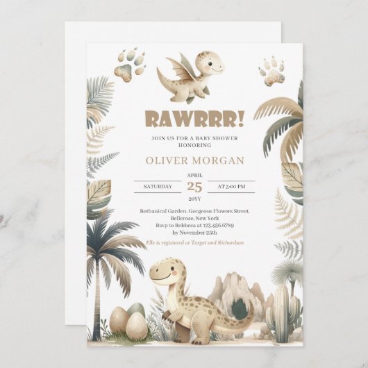 恐竜男女兼用の赤ちゃんシャワー招待状 招待状 (正面/裏面)