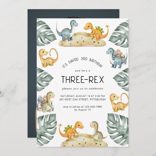 恐竜第3誕生日3レックスパーティー写真 招待状 (正面/裏面)