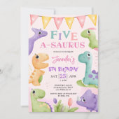 恐竜第5誕生日ピンク可愛い四A-Saurus Invi 招待状 (正面)