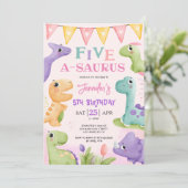 恐竜第5誕生日ピンク可愛い四A-Saurus Invi 招待状 (スタンド正面)