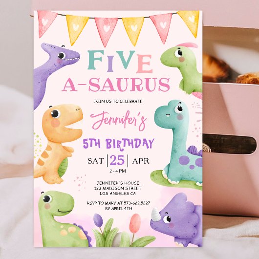 恐竜第5誕生日ピンク可愛い四A-Saurus Invi 招待状