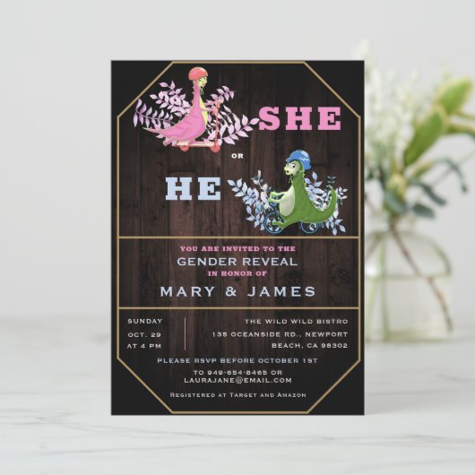 恐竜素朴のおもしろい葉のジェンダーがパーティーを明かす 招待状 (スタンド正面)