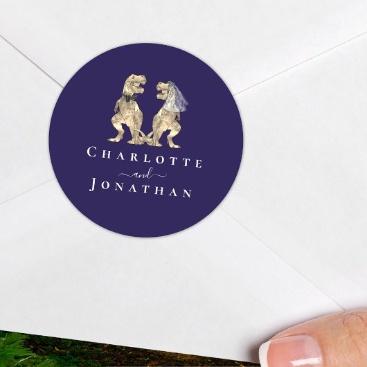 恐竜結婚のネイビーブルー&ホワイトパーソナライズされた ラウンドシール