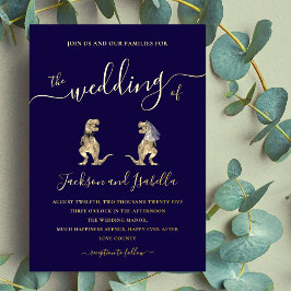 恐竜結婚のTレックス新郎新婦ブルー金ゴールド 箔招待状