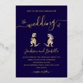 恐竜結婚のTレックス新郎新婦ブルー金ゴールド 箔招待状 (正面)