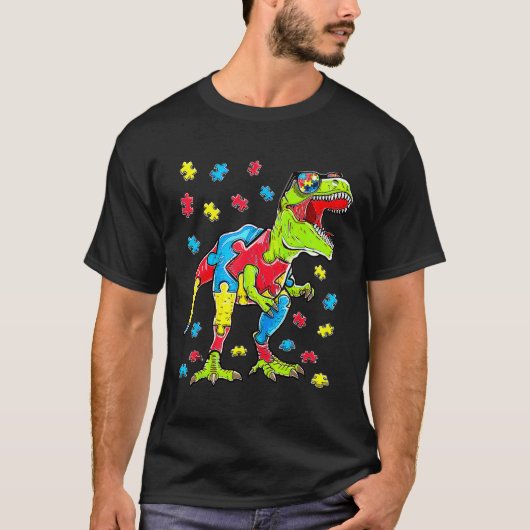 恐竜自閉症 awareness パズルピース男子子供T Tシャツ (正面)