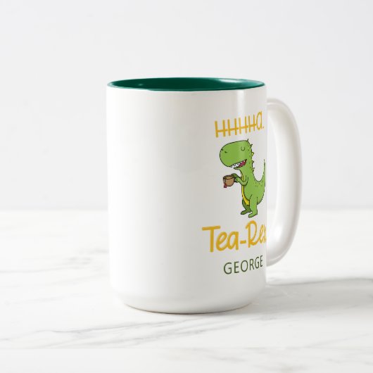 恐竜茶おもしろいレックスティラノサウルス誕生日Gag ツートーンマグカップ (正面右)
