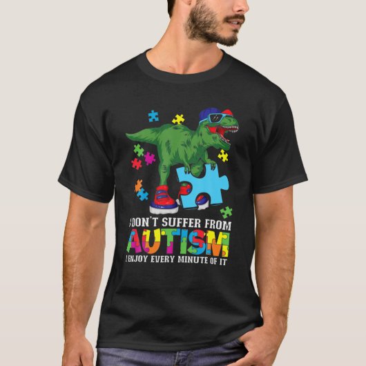 恐竜衣服サングラスホールドパズル自閉症AWA Tシャツ (正面)