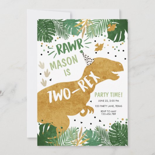 恐竜誕生日のTレックスボーイ2人の2歳の誕生日 招待状 (正面)