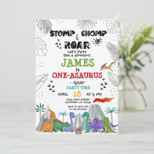 恐竜誕生日ボーイガールウォーター色カラフルイン 招待状 (スタンド正面)