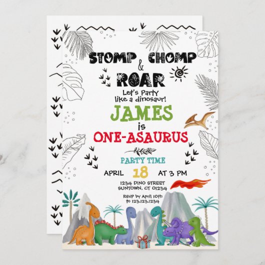 恐竜誕生日ボーイガールウォーター色カラフルイン 招待状 (正面/裏面)