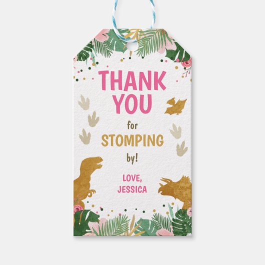 恐竜誕生日ラベルガールディノパーティーピンク金ゴールド ギフトタグ (正面)