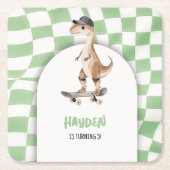 恐竜誕生日レトロTレックス 市松模様に スクエアペーパーコースター (正面)