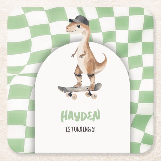 恐竜誕生日レトロTレックス 市松模様に スクエアペーパーコースター (正面)