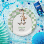 恐竜誕生日レトロTレックス 市松模様に ペーパープレート (パーティー)