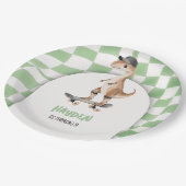 恐竜誕生日レトロTレックス 市松模様に ペーパープレート (アングル)