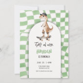 恐竜誕生日レトロTレックス 市松模様に 招待状 (正面)