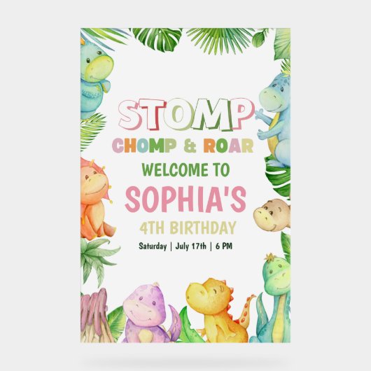 恐竜誕生日招待状ガールズディノ誕生日 アクリルサイン (正面)