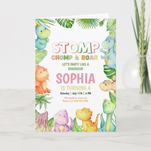 恐竜誕生日招待状ガールズディノ誕生日 招待状 (正面)