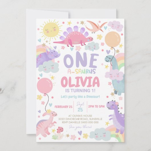 恐竜誕生日招待状ガールワンサウルス 招待状 (正面)