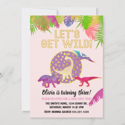 恐竜誕生日招待状ガール誕生日パープル 招待状 (正面)
