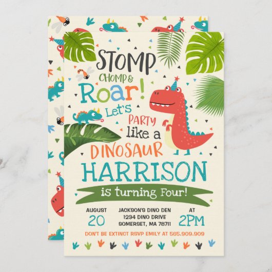 恐竜誕生日招待状恐竜の轟音パーティー 招待状 (正面/裏面)