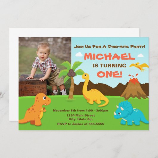 恐竜誕生日招待状1st誕生日パーティー 招待状 (正面/裏面)