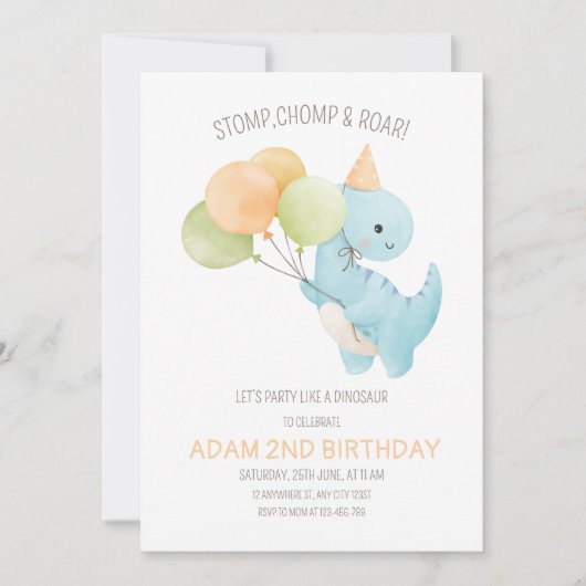 恐竜誕生日招待状、ミニマルtレックス 招待状 (正面)