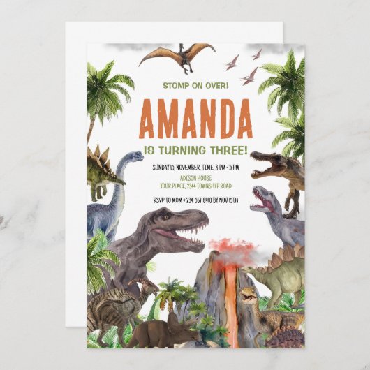 恐竜誕生日招待状、恐竜誕生日Pa 招待状 (正面/裏面)