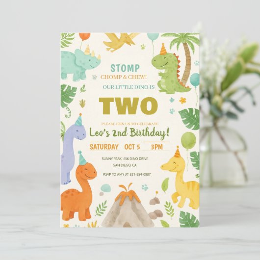 恐竜誕生日招待状、編集可能な恐竜2nd 招待状 (スタンド正面)
