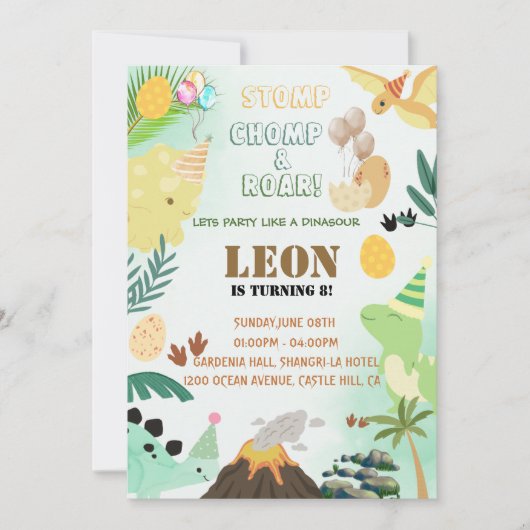 恐竜誕生日招待状 – 編集可能キッドパーティー 招待状 (正面)