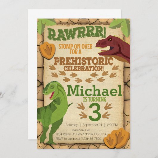 恐竜誕生日招待状、T-レックス招待状 招待状 (正面/裏面)