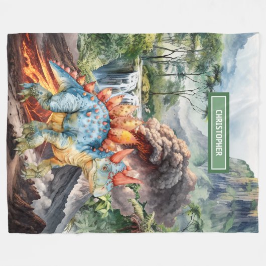 恐竜誕生日毛布の水色パーソナライズされた フリースブランケット (正面(横))