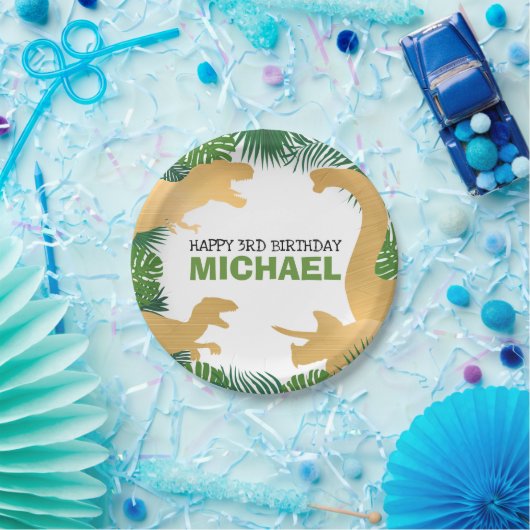 恐竜誕生日金ゴールドディーノトレックスボーイキッズ ペーパープレート (パーティー)