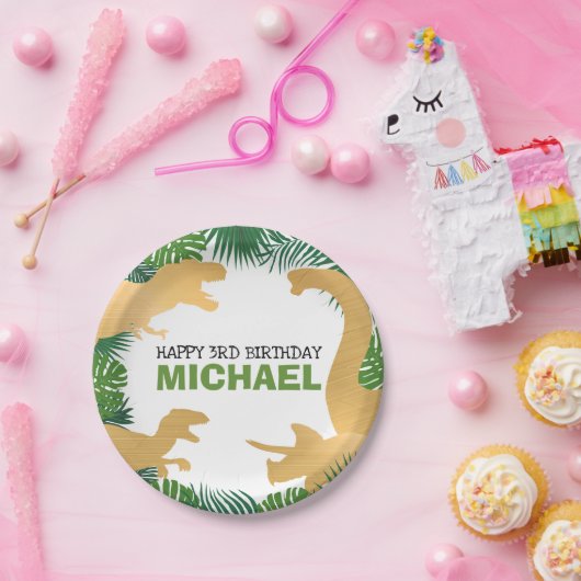 恐竜誕生日金ゴールドディーノトレックスボーイキッズ ペーパープレート (パーティー)
