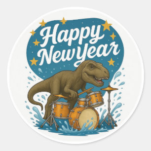 恐竜遊のドラムのステッカー新年おめでとう。 ラウンドシール