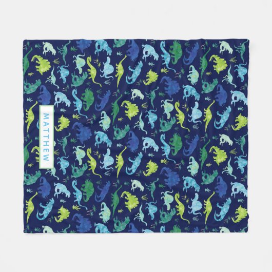 恐竜青パーソナライズされた緑の水彩画 フリースブランケット (正面(横))