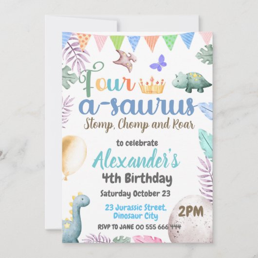 恐竜４さいのお誕生日会　４つのＡのサウルス・パーティー 招待状 (正面)