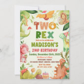 恐竜2つのレックス緑2番目の誕生日招待状 招待状 (正面)